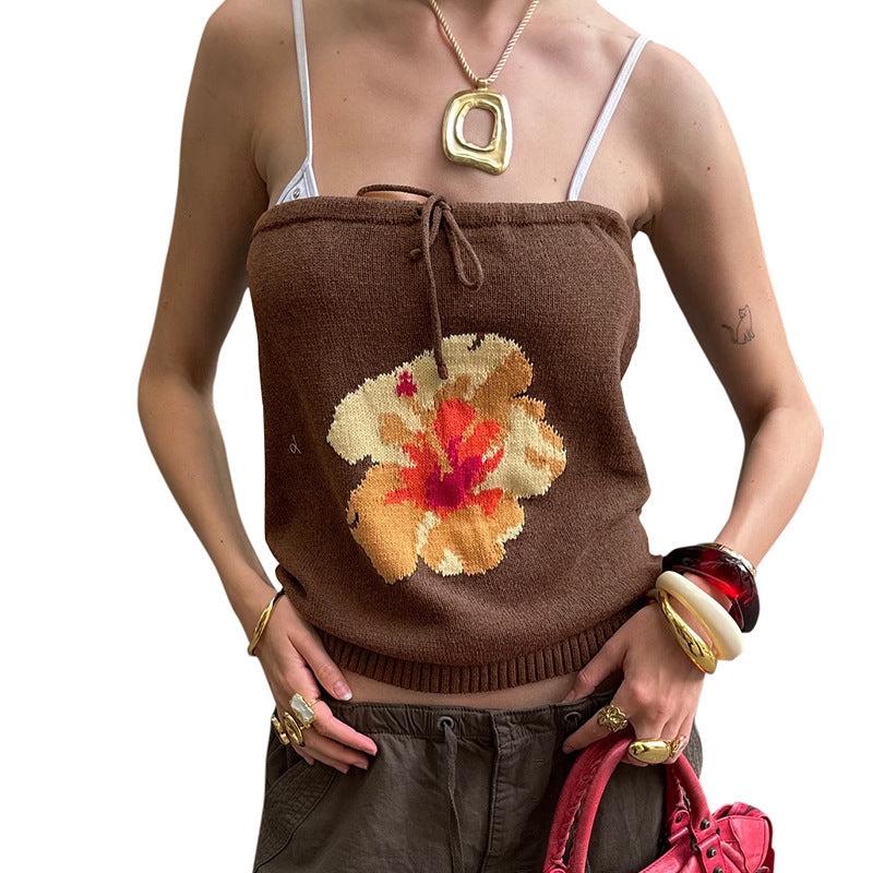 Solid Color Floral Tube Top Woolen Vest Top