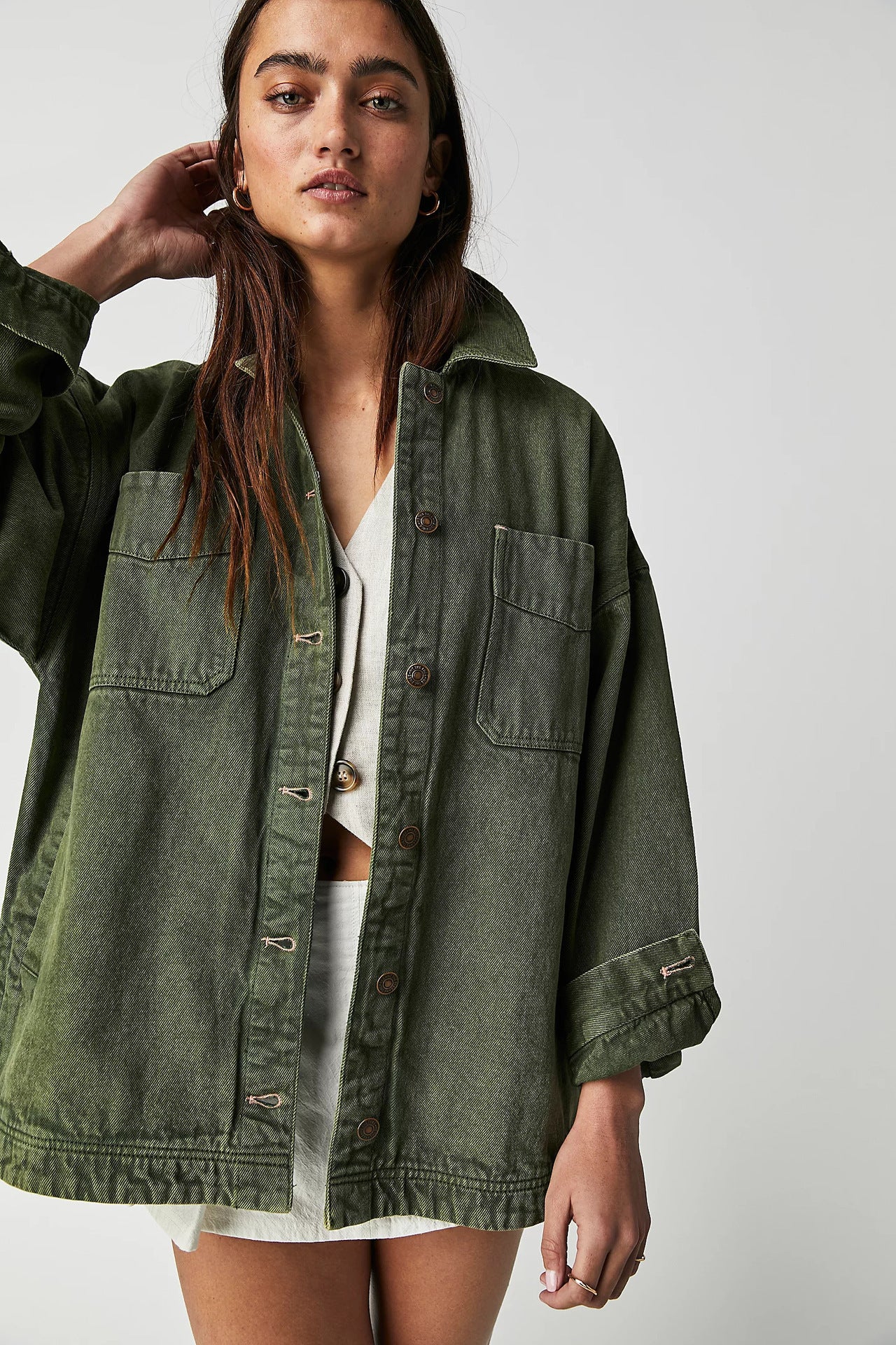 Casual Versatile Pocket Side Slit Denim Women's Coat