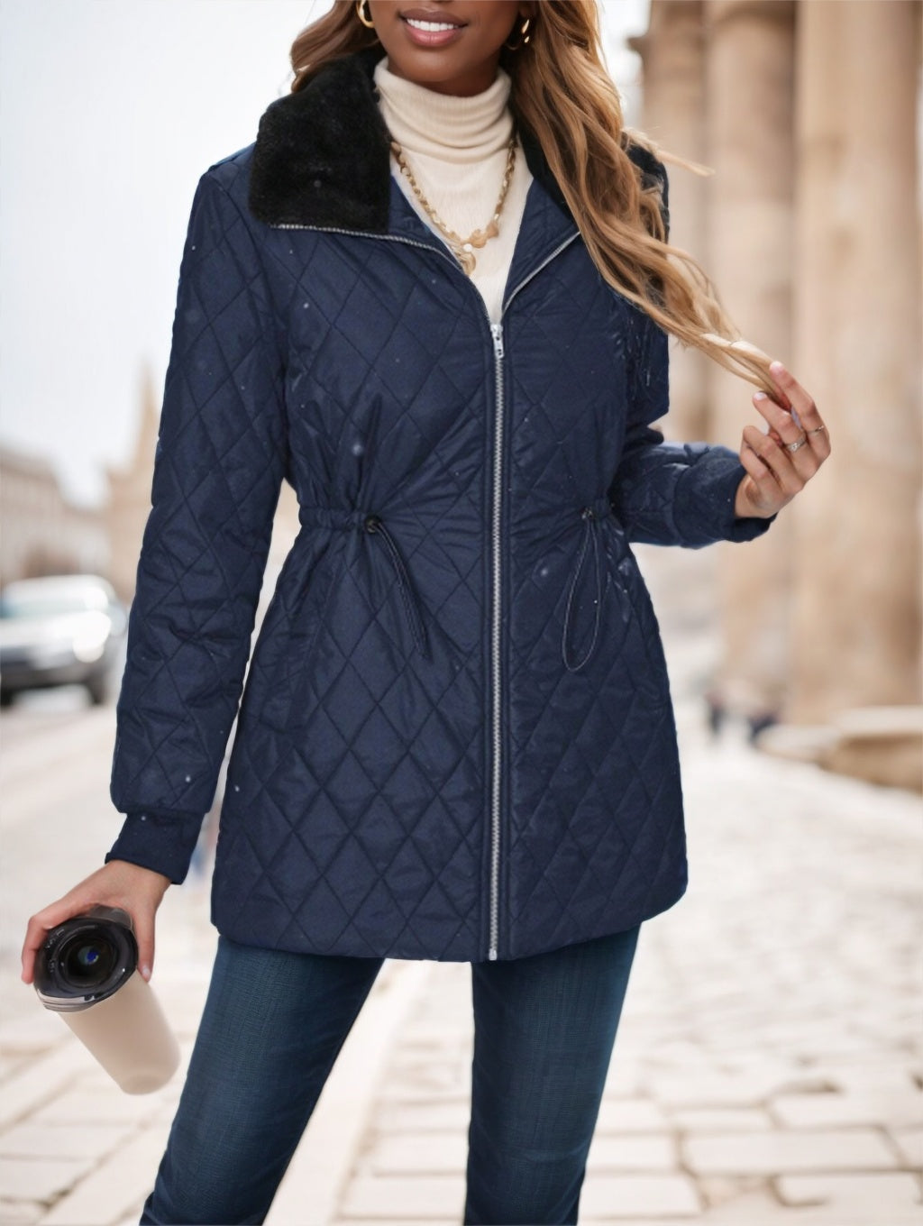 Casual Winter Clothes Contrast-Color Fur Collar Drawstring Waist Padded Padded Coat