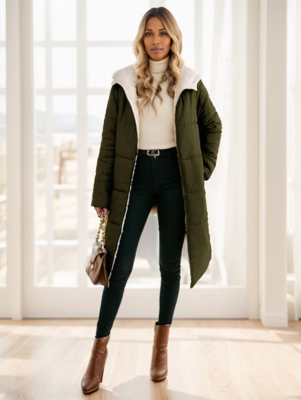 Women's Winter Long Sleeve Zip Up Hooded Cotton Padded Coat