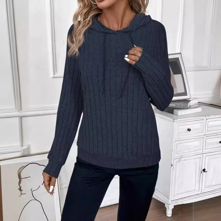 Casual Rib Sunken Stripe Pullover Hooded Long Sleeves Sweater