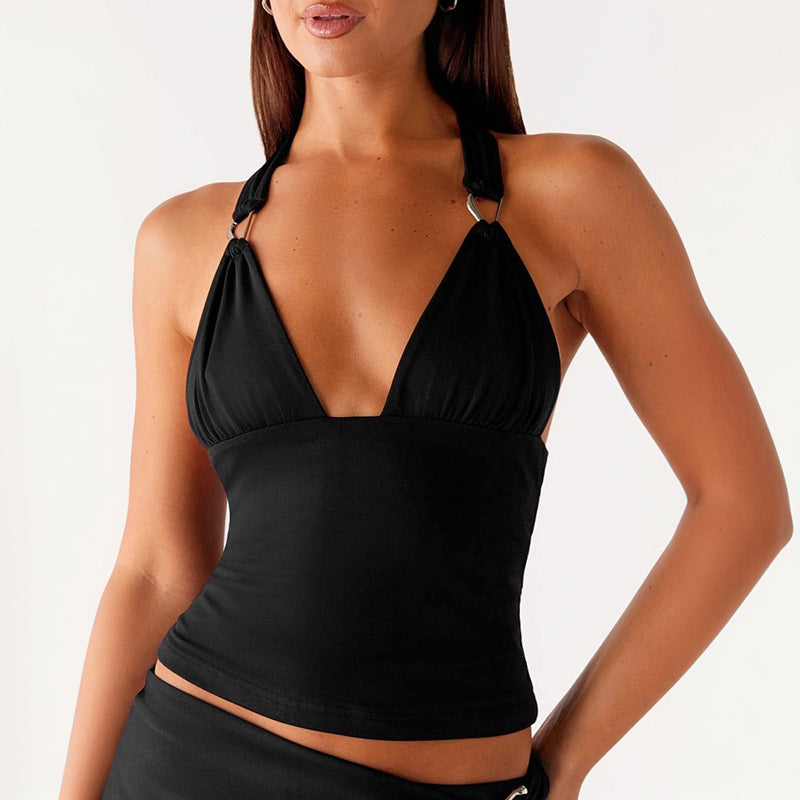 Pure Color Halter Metal Ring V-neck Slim Vest