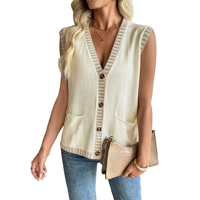Classic Style Contrast Color Sleeveless Cardigan Knitted Vest Top For Women