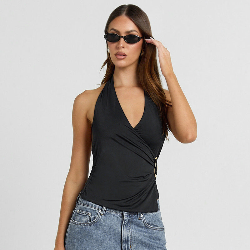 V-neck Sleeveless Navel Pleated Suspender Top