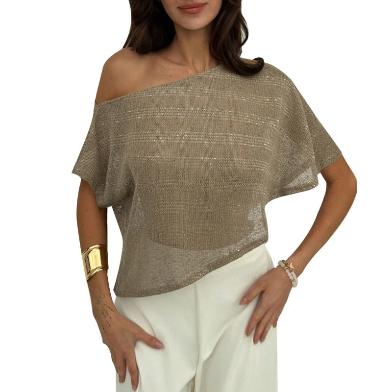 Loose T-shirt Oblique Shoulder SMS Sequined Semi-transparent Pullover Top For Women