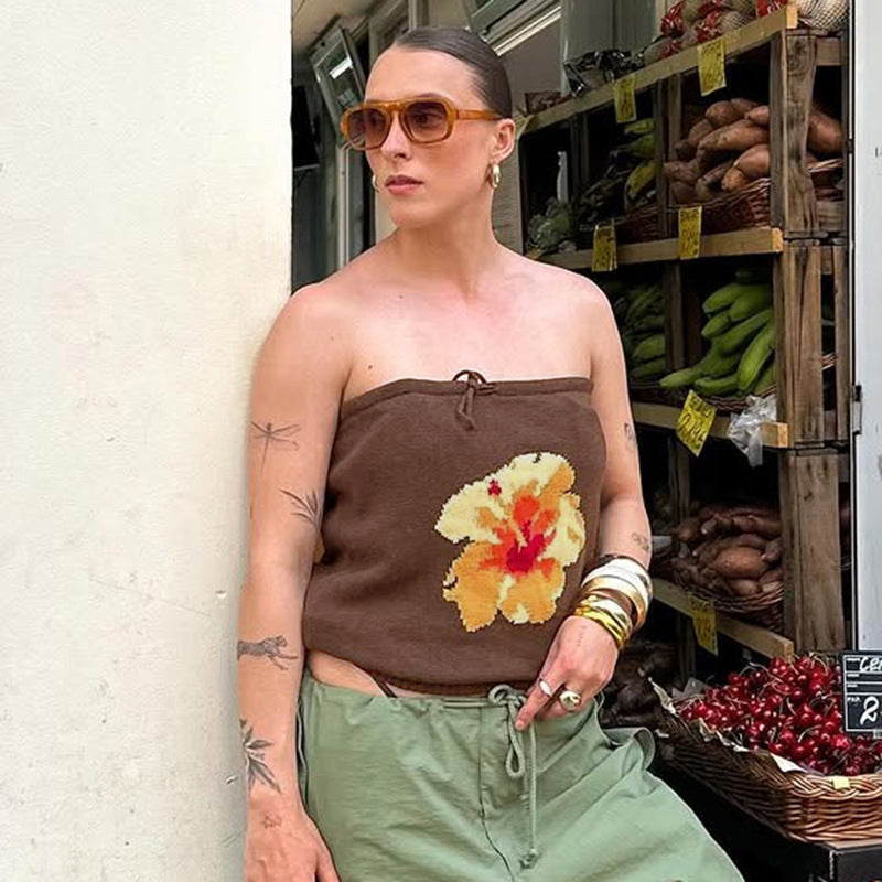 Solid Color Floral Tube Top Woolen Vest Top