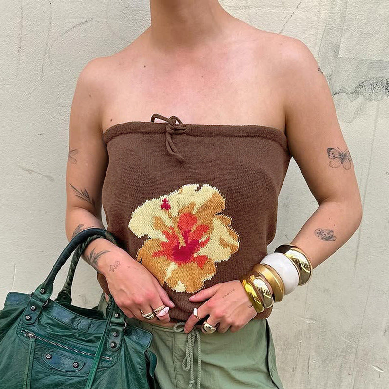 Solid Color Floral Tube Top Woolen Vest Top