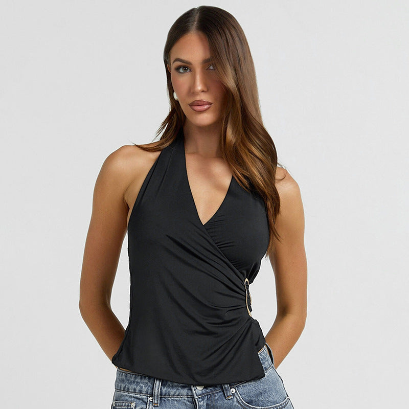 V-neck Sleeveless Navel Pleated Suspender Top