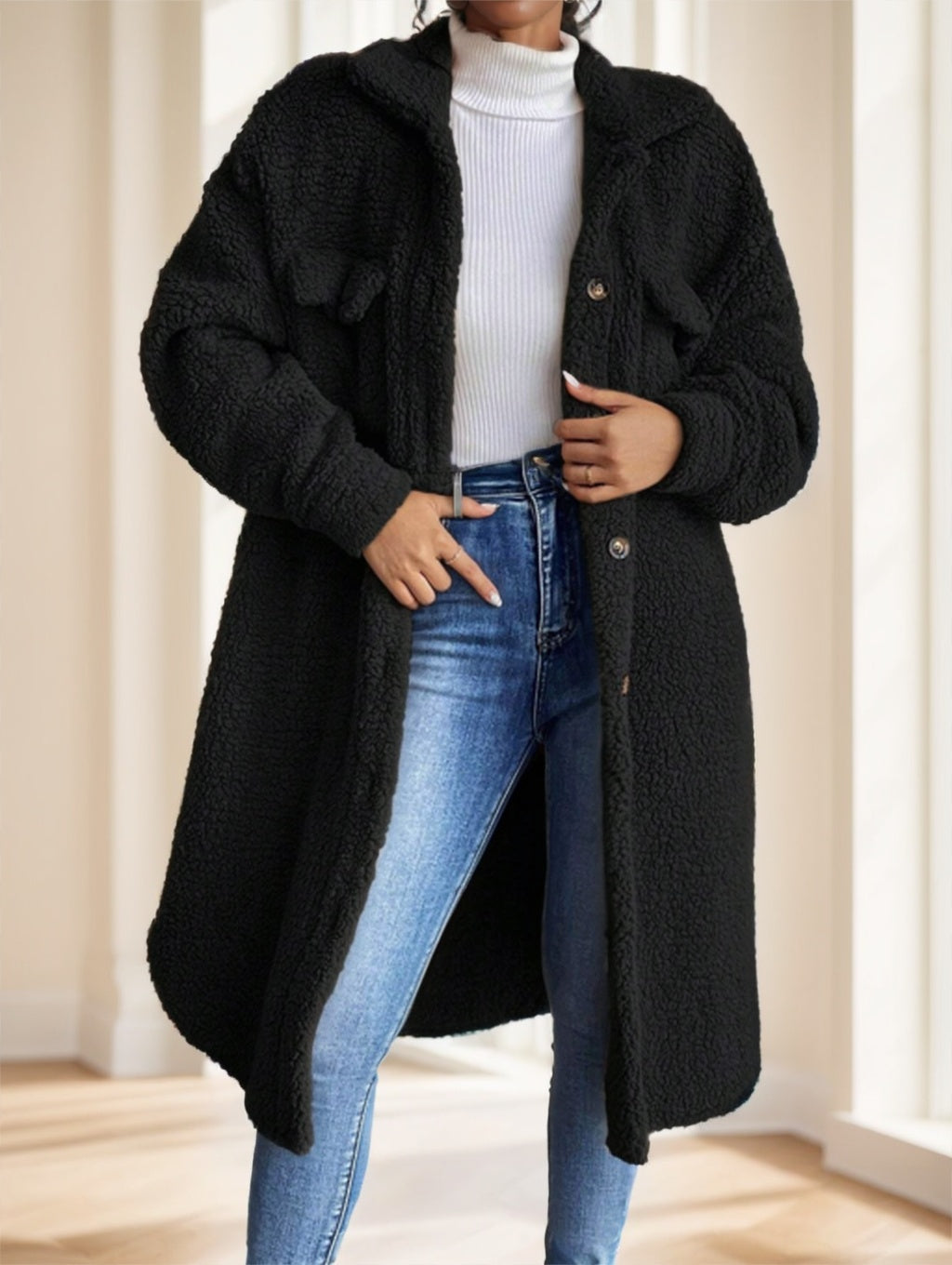 Calvaya Drop Shoulder Flap Detail Teddy Coat