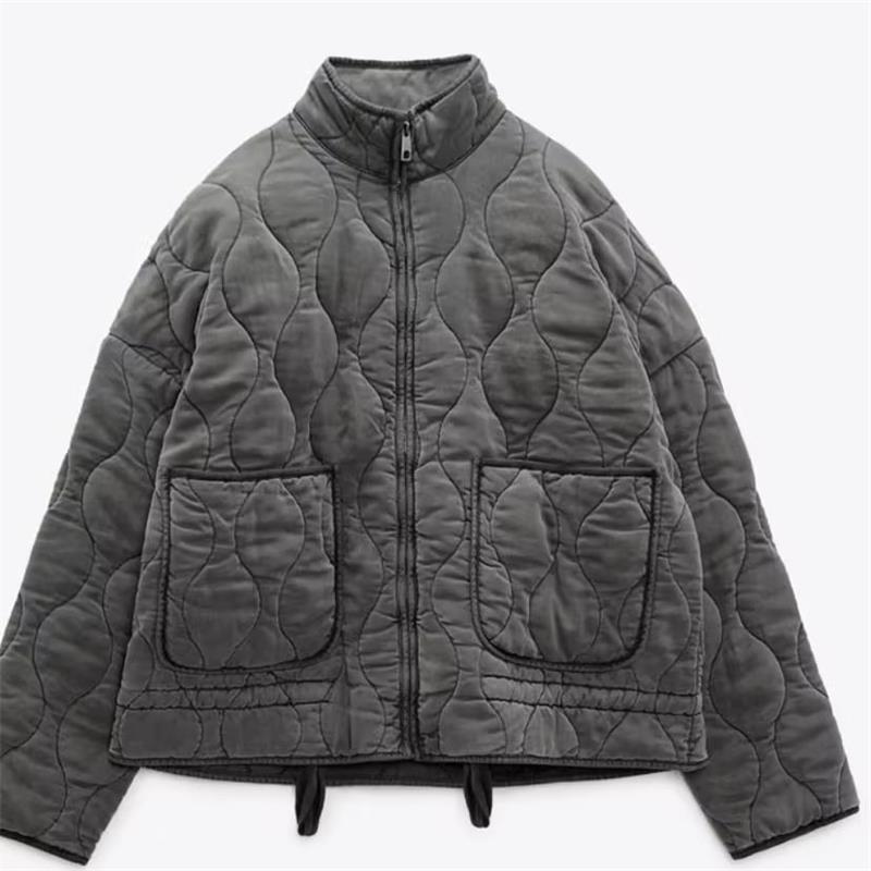 Large Pocket Lace-up Long Sleeve Cotton Coat Jacket Washed Cotton-padded Coat For Women