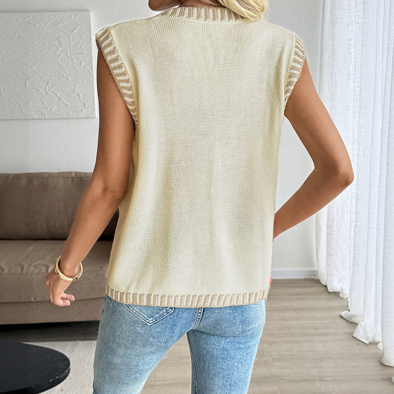 Classic Style Contrast Color Sleeveless Cardigan Knitted Vest Top For Women