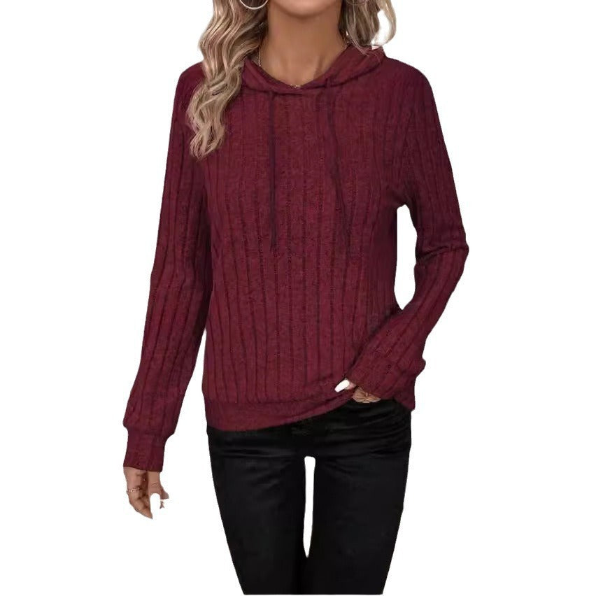 Casual Rib Sunken Stripe Pullover Hooded Long Sleeves Sweater