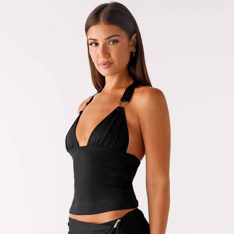 Pure Color Halter Metal Ring V-neck Slim Vest