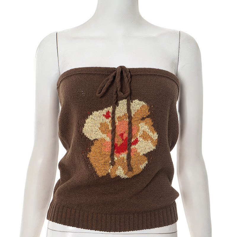 Solid Color Floral Tube Top Woolen Vest Top
