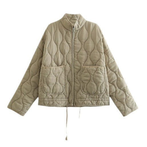 Large Pocket Lace-up Long Sleeve Cotton Coat Jacket Washed Cotton-padded Coat For Women