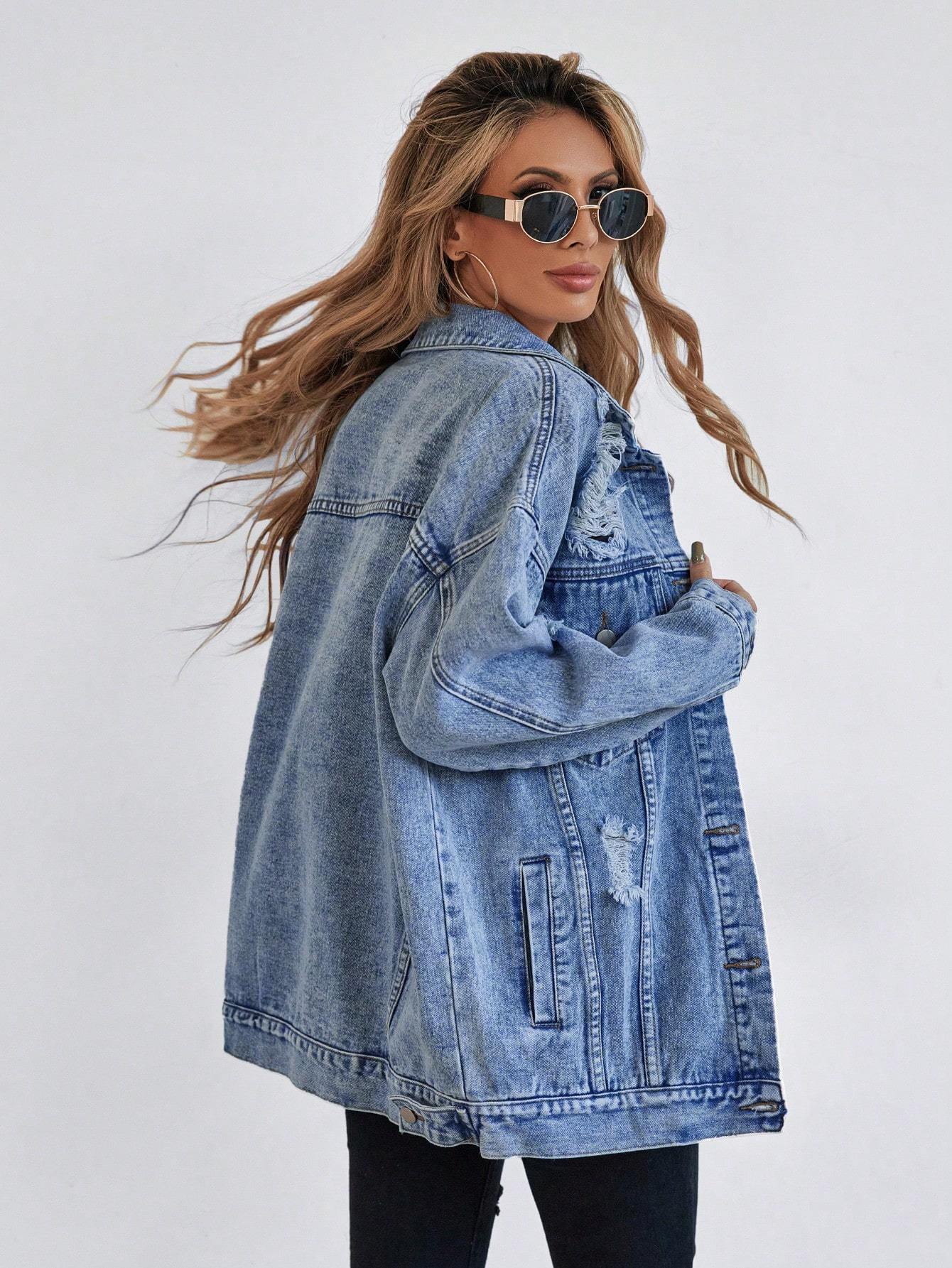 Button Blue Front Flap Pocket Drop Shoulder Denim Jacket