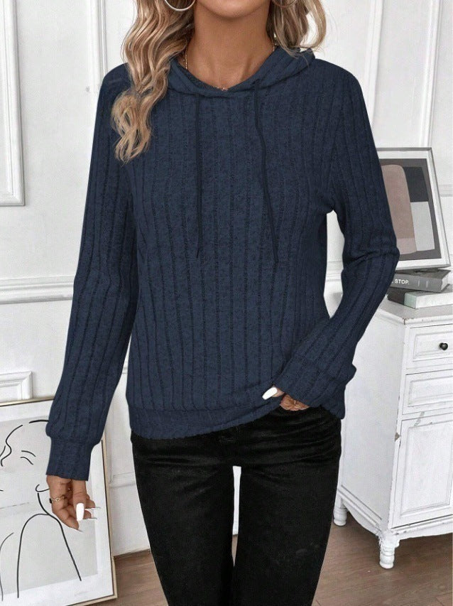 Casual Rib Sunken Stripe Pullover Hooded Long Sleeves Sweater