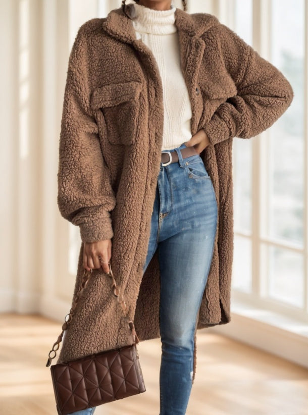 Calvaya Drop Shoulder Flap Detail Teddy Coat