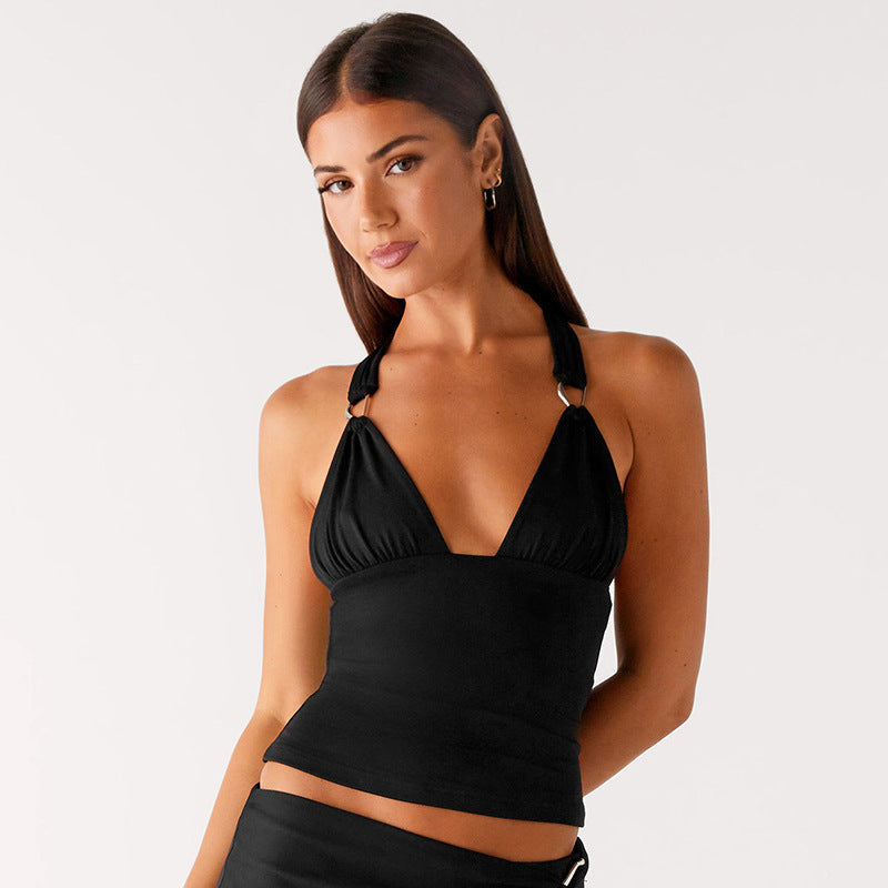 Pure Color Halter Metal Ring V-neck Slim Vest
