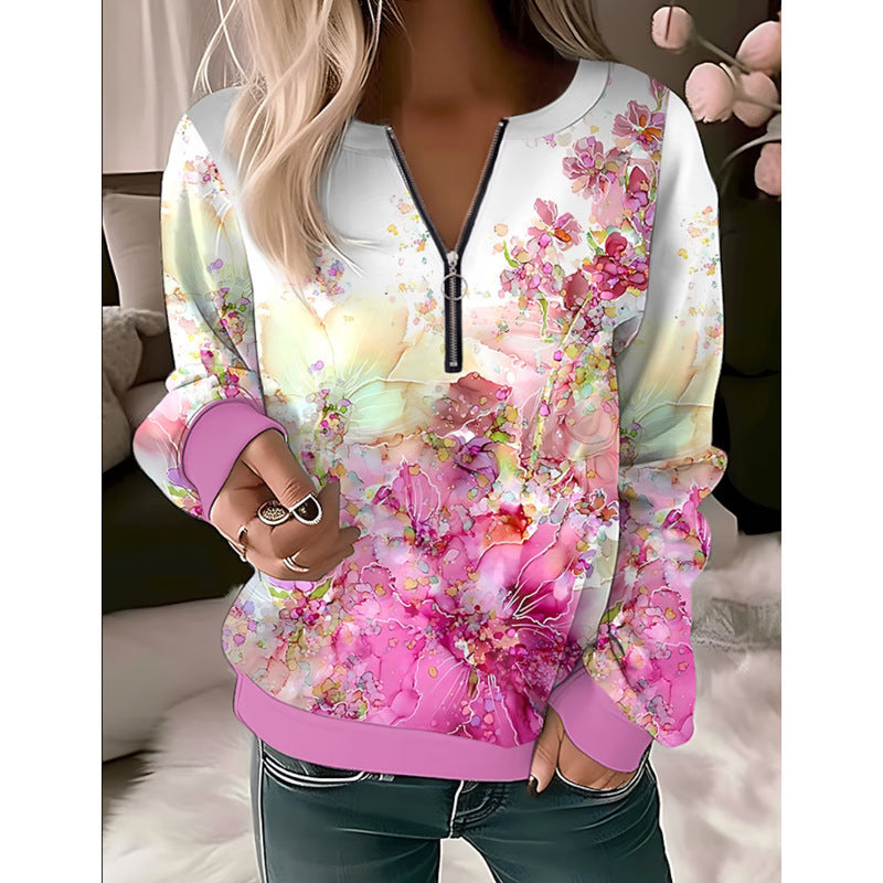 Printed V-neck Loose Zip Knitted Sweater