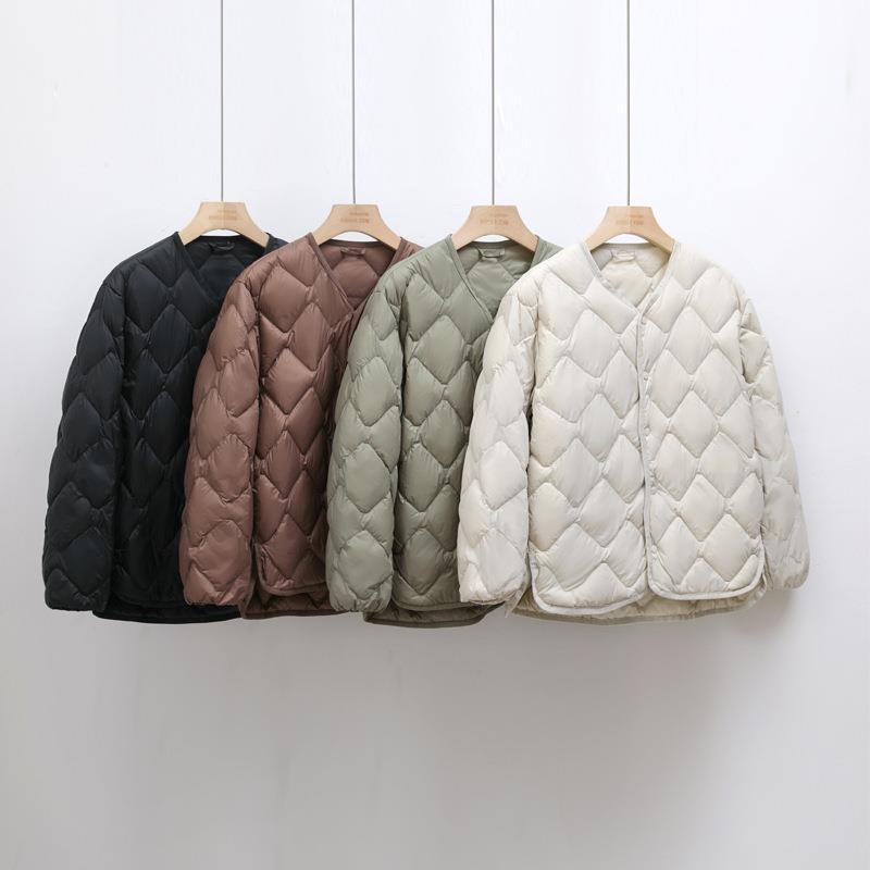 Women's Short Liner Plus Size Diamond Lattice White Duck Down V-neck Coat