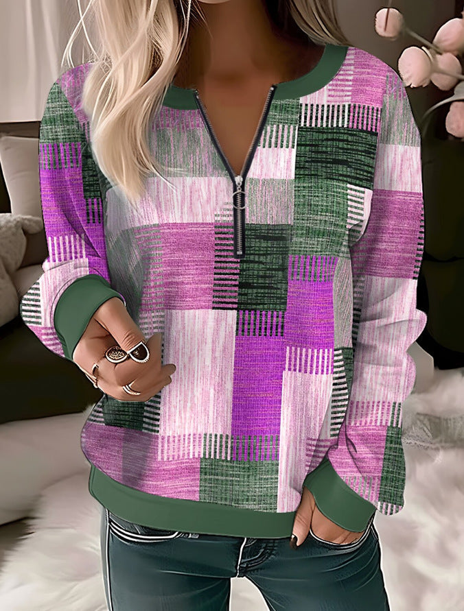 Printed V-neck Loose Zip Knitted Sweater