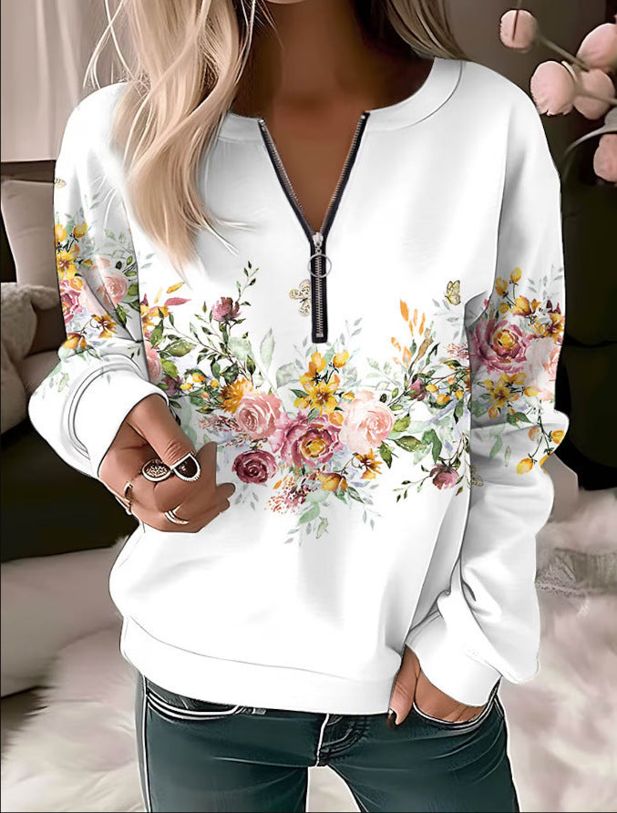 Printed V-neck Loose Zip Knitted Sweater