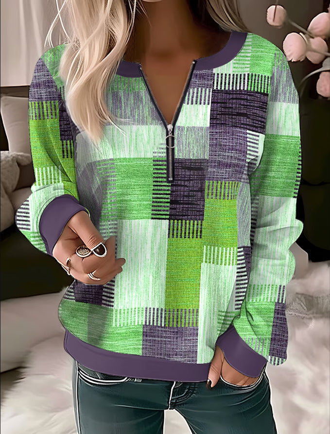 Printed V-neck Loose Zip Knitted Sweater