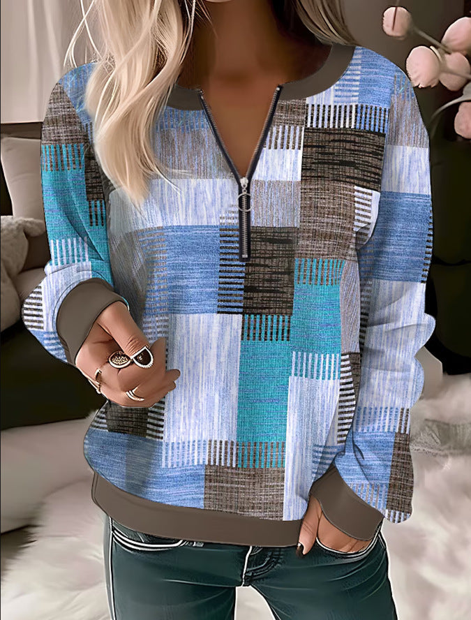 Printed V-neck Loose Zip Knitted Sweater