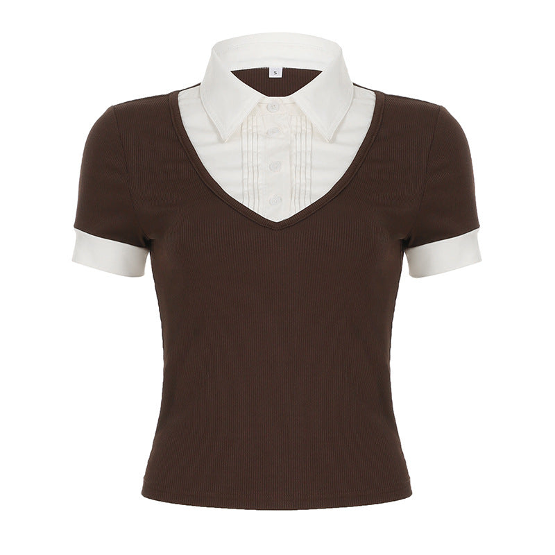 American Retro Polo Collar Stitching Fake Two Pieces Short Sleeve T-shirt For Women