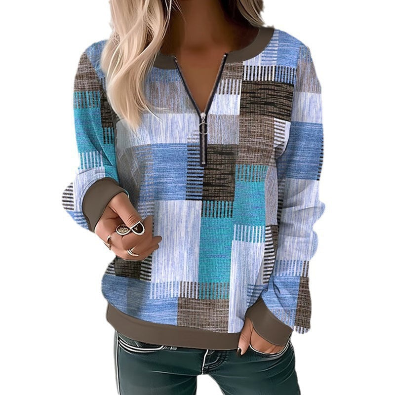 Printed V-neck Loose Zip Knitted Sweater