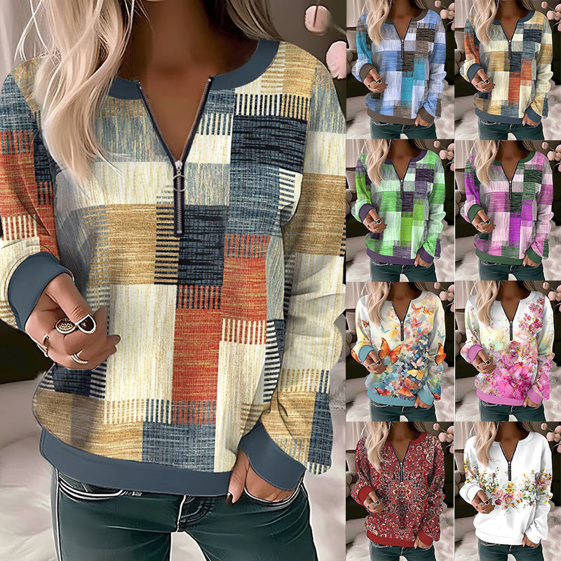 Printed V-neck Loose Zip Knitted Sweater