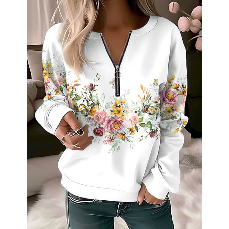 Printed V-neck Loose Zip Knitted Sweater
