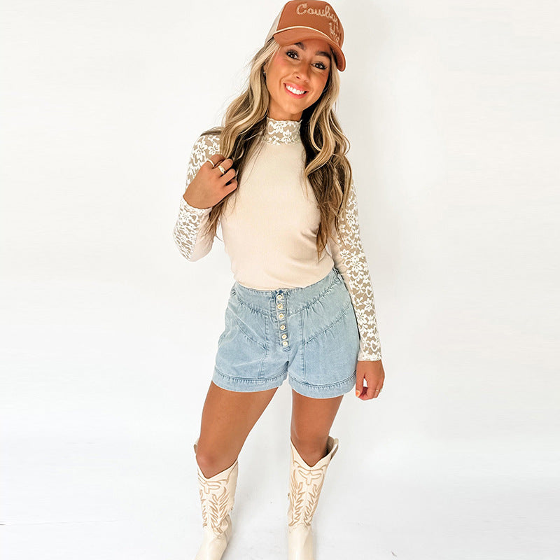 Flower Lace Stitching Long Sleeve T-shirt Women