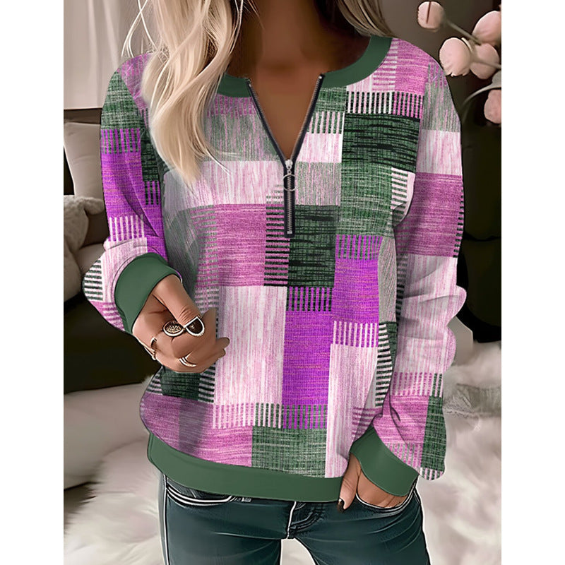 Printed V-neck Loose Zip Knitted Sweater