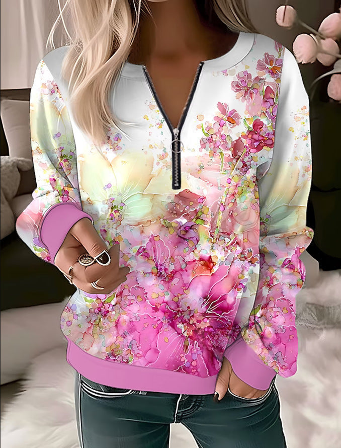 Printed V-neck Loose Zip Knitted Sweater