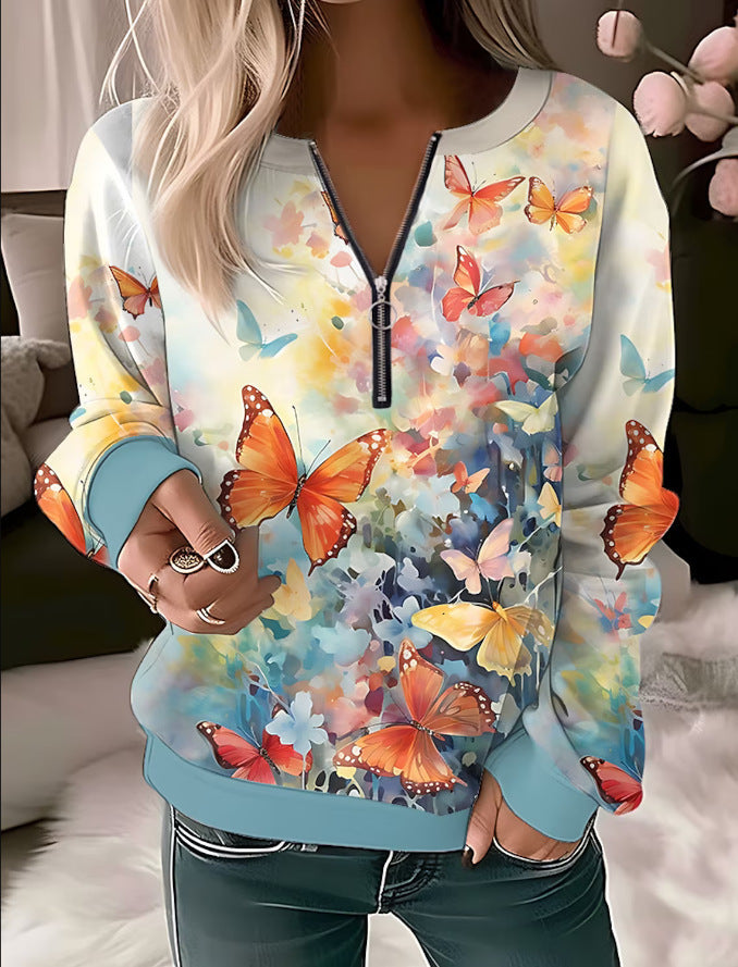 Printed V-neck Loose Zip Knitted Sweater