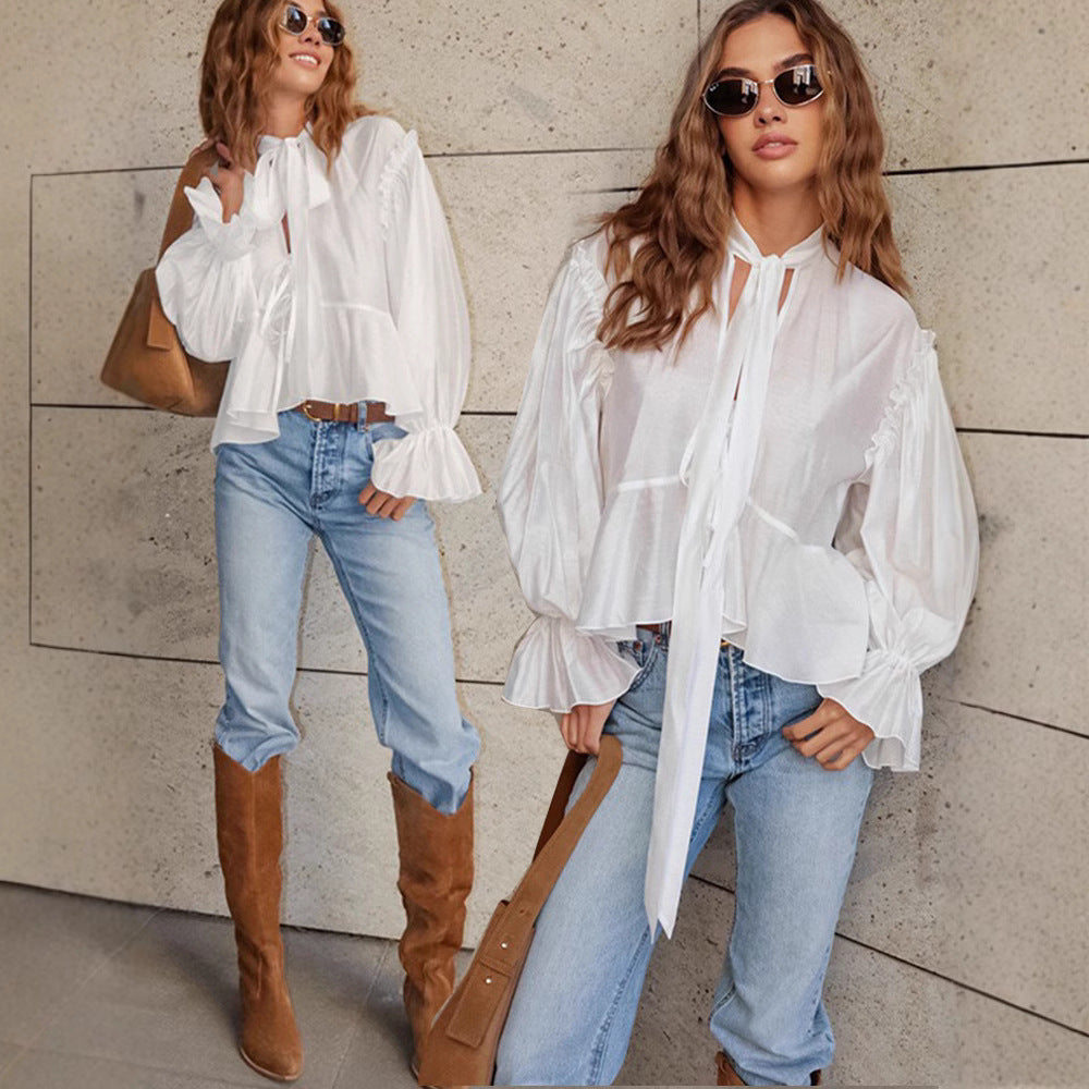 Bell Sleeve Loose Lace-up Fashion Shirt Design Sense