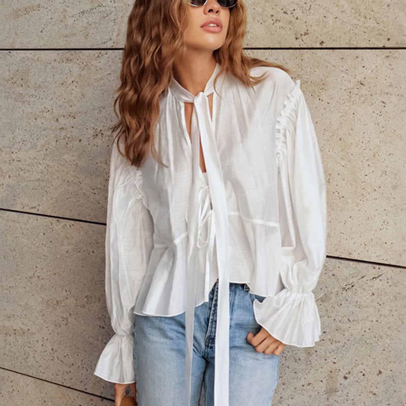 Bell Sleeve Loose Lace-up Fashion Shirt Design Sense