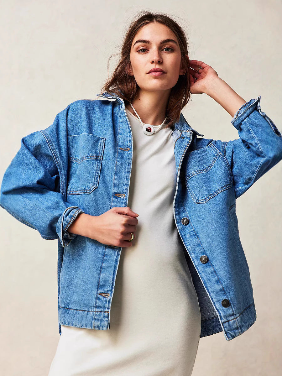 Casual Versatile Pocket Side Slit Denim Women's Coat