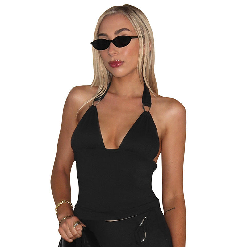 Pure Color Halter Metal Ring V-neck Slim Vest