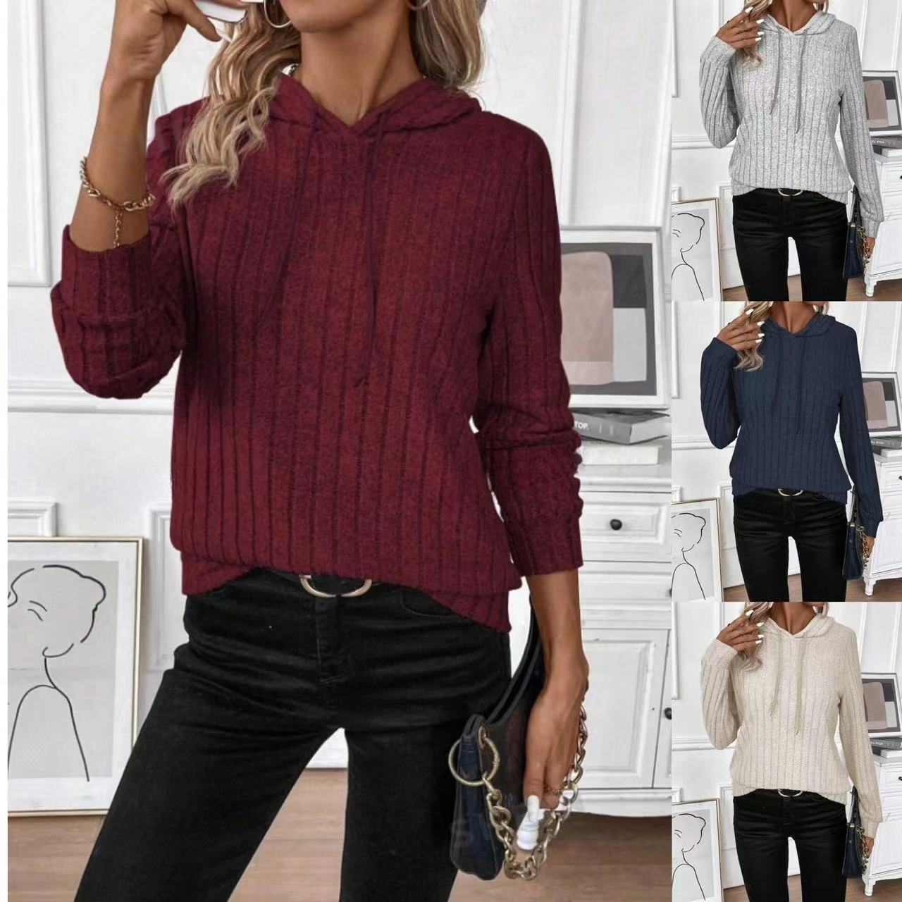 Casual Rib Sunken Stripe Pullover Hooded Long Sleeves Sweater