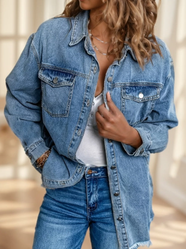 Women'S Distressed Denim Shirt With Raw Hem