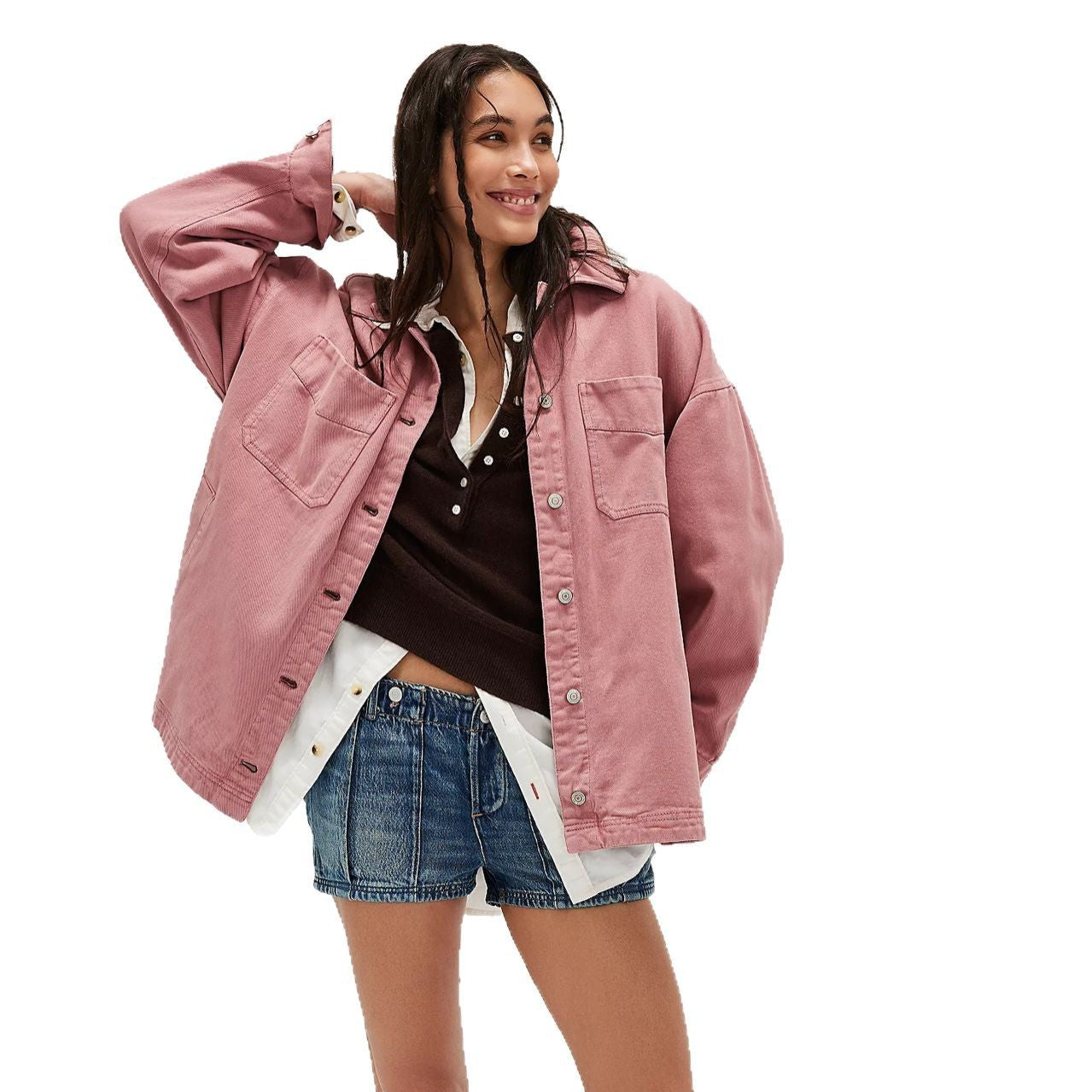 Casual Versatile Pocket Side Slit Denim Women's Coat