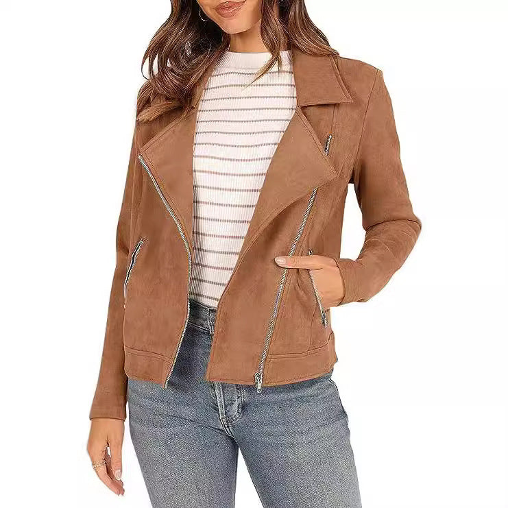 Fashion Deerskin Velvet Motorcycle Jacket Zipper Pocket Short Coat