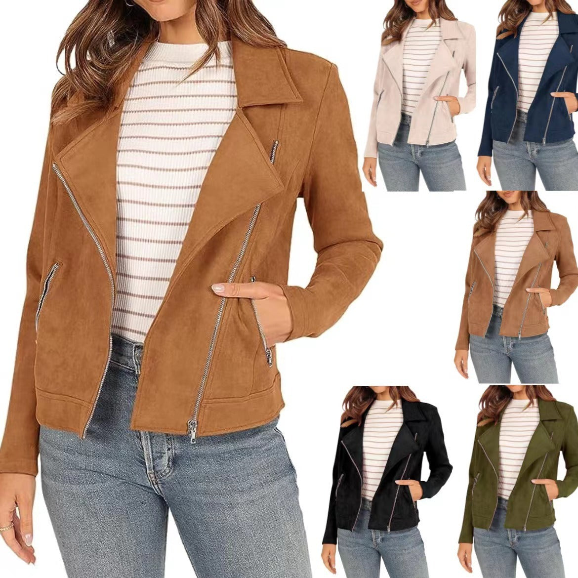 Fashion Deerskin Velvet Motorcycle Jacket Zipper Pocket Short Coat