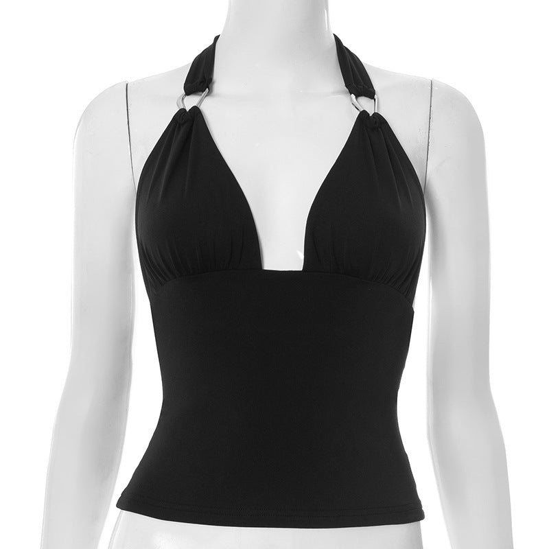 Pure Color Halter Metal Ring V-neck Slim Vest