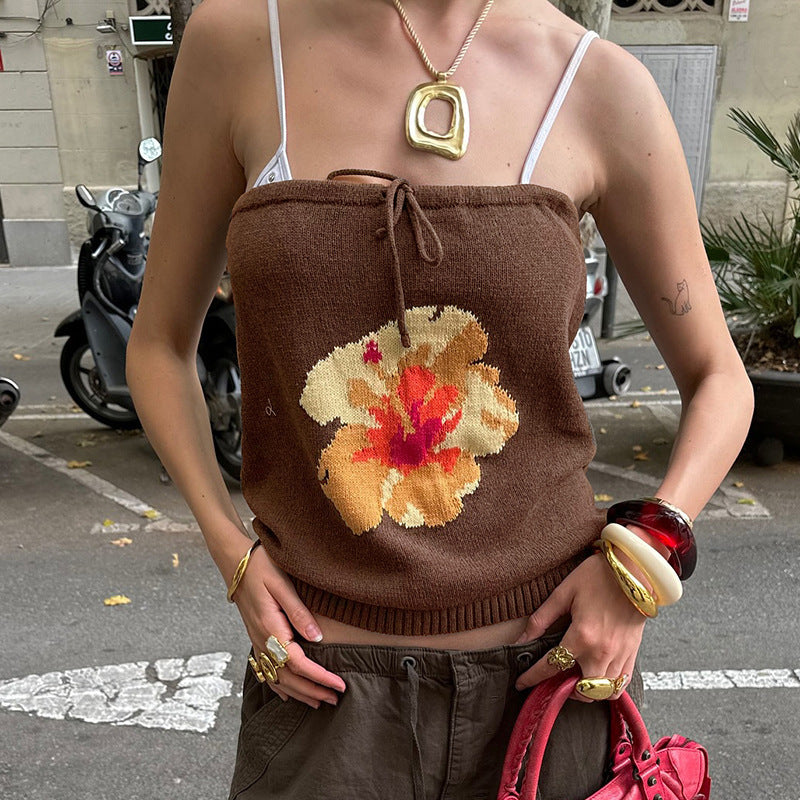Solid Color Floral Tube Top Woolen Vest Top